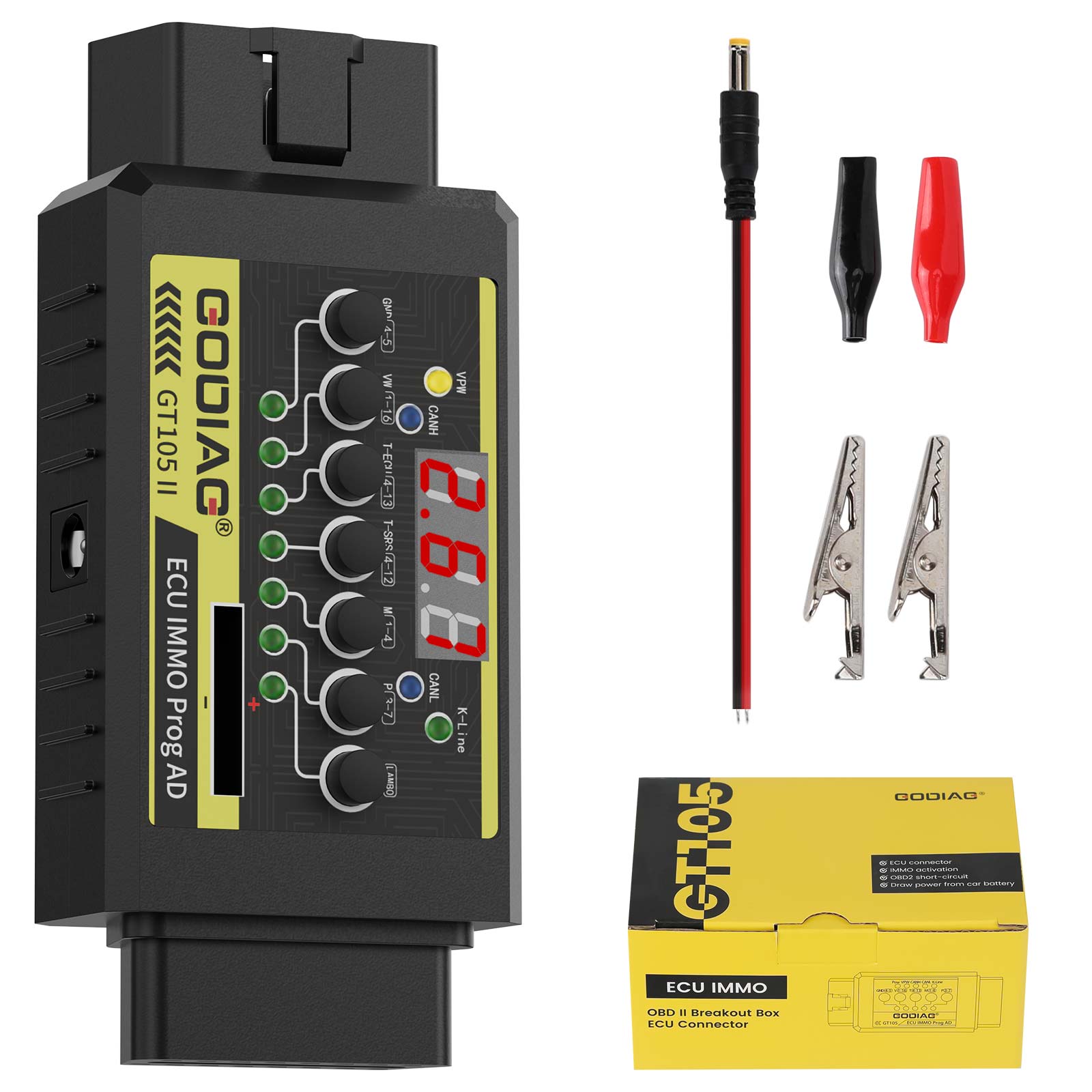 GODIAG GT105 II ECU IMMO Prog AD OBD2 Break Out Box ECU Connector Display Vehicle Voltage Car Battery Lower Than 11V Alarm Prompt